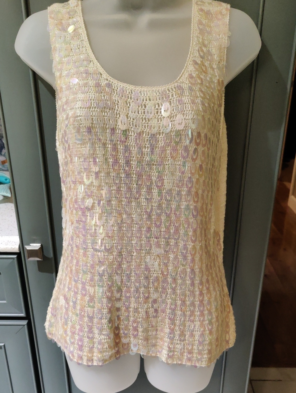 Sequin Lace Knit Tank Top - Cream